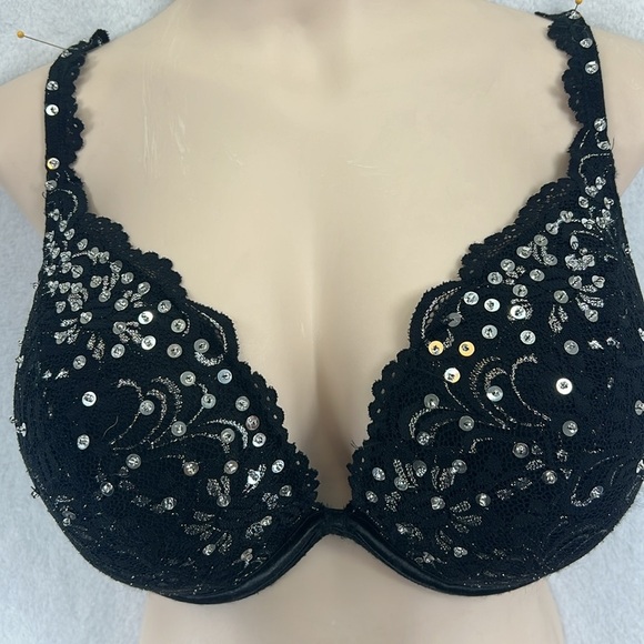 Cacique Beautiful Plunge Bra Size 44DD Black with Lace/Sequins EUC - Picture 3 of 8